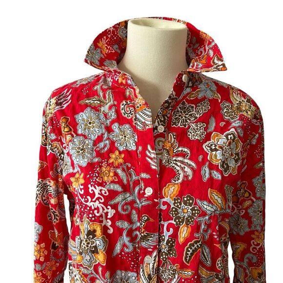 SOLD J MCLAUGHLIN LOIS SHIRT S RED FLORAL WHIMSY CASUAL COLORFUL STRETCH COTTON - Picture 3 of 12